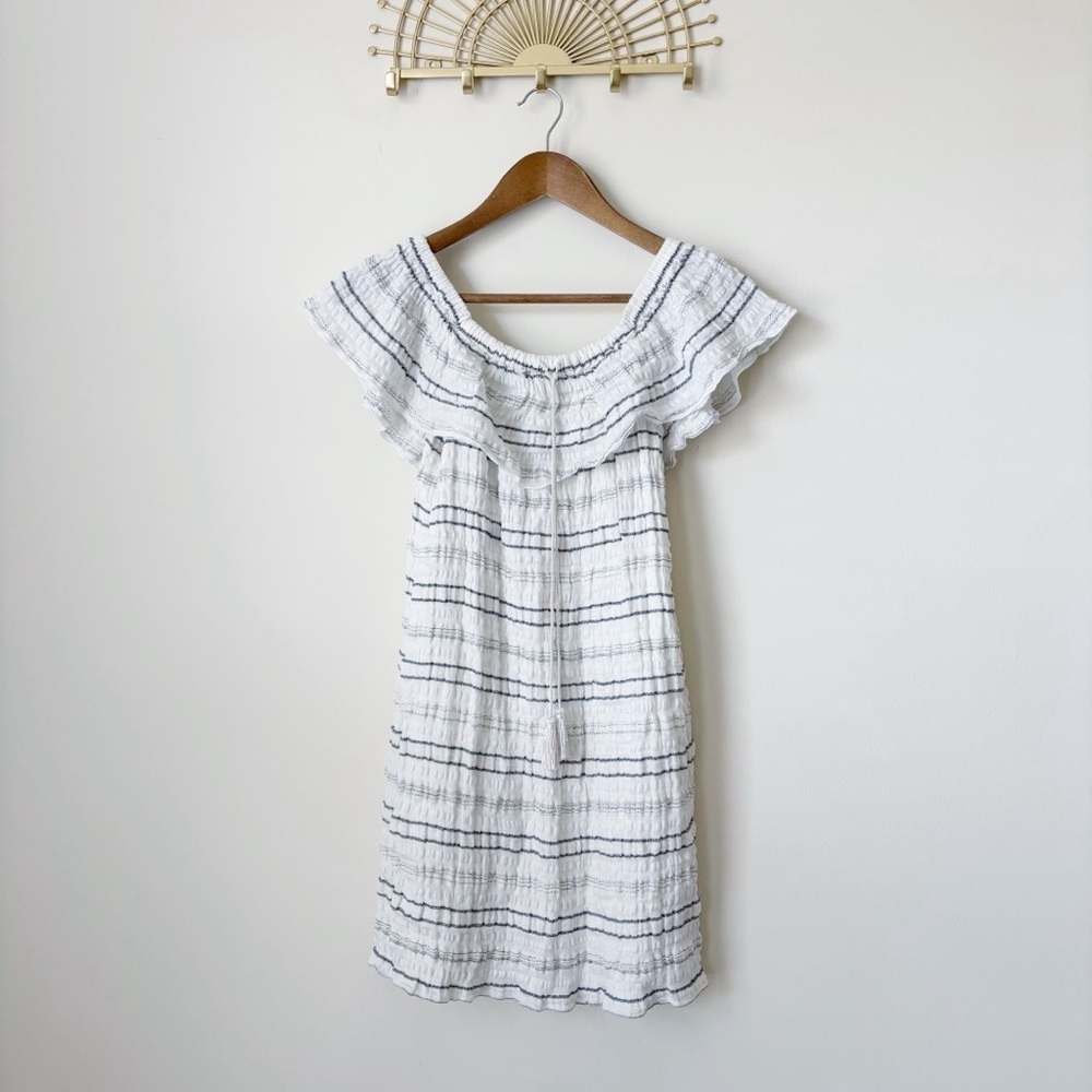 Alba Conde White Striped Linen Blend Off Shoulder Dress Sz 40 US 6 Resortwear